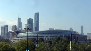 Aug 21, 2010; Chicago, IL, USA; General view of the exterior of Soldier Field and the downtown Chicago skyline. Mandatory Credit: Kirby Lee/Image of Sport-USA TODAY Sports