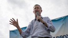 John Hickenlooper, former governor of Colorado and 2020 presidential candidate, speaks at the Des Moines Register Soapbox during the Iowa State Fair in Des Moines, Iowa, U.S., on Saturday, Aug. 10, 2019.