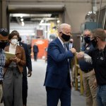 Democratic Presidential Candidate Joe Biden visits an aluminum manufacturing facility in Manitowoc, Wisconsin, on September 21, 2020.