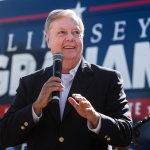 Incumbent candidate Sen. Lindsey Graham (R-SC) speaks to supporters during a campaign bus tour on November 2, 2020 in Rock Hill, South Carolina.