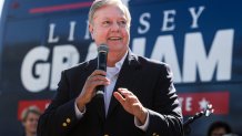 Incumbent candidate Sen. Lindsey Graham (R-SC) speaks to supporters during a campaign bus tour on November 2, 2020 in Rock Hill, South Carolina.