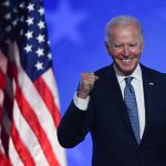Democratic presidential nominee Joe Biden gestures after speaking during election night at the Chase Center in Wilmington, Delaware, early on November 4, 2020. - Democrat Joe Biden said early Wednesday he believes he is "on track" to defeating US President Donald Trump, and called for Americans to have patience with vote-counting as several swing states