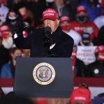 President Donald Trump speaks to supporters during a campaign rally at the Kenosha Regional Airport on November 02, 2020 in Kenosha, Wisconsin.