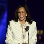 Vice President-elect Kamala Harris addresses the nation from the Chase Center November 07, 2020 in Wilmington, Delaware. After four days of counting the high volume of mail-in ballots in key battleground states due to the coronavirus pandemic, the race was called for Biden after a contentious election battle against incumbent Republican President Donald Trump.