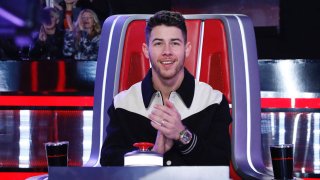 File photo of Nick Jonas on set of season 18 of NBC's "The Voice."