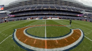 Oct 28, 2018; Chicago, IL, USA; The Chicago Bears logo is seen prior to a game against the New York Jets at Soldier Field. Mandatory Credit: Patrick Gorski-USA TODAY Sports