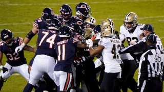Nov 1, 2020; Chicago, Illinois, USA; Chicago Bears wide receiver Javon Wims (83) gets into a fight with New Orleans Saints cornerback Janoris Jenkins (20) during the third quarter at Soldier Field. Mandatory Credit: Mike Dinovo-USA TODAY Sports
