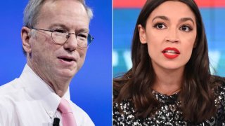 Eric Schmidt, left, and Alexandria Ocasio-Cortez