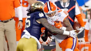 Tight end Braden Galloway #88 of the Clemson Tigers is tackled during game