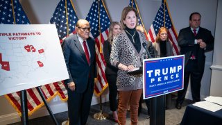 Attorney Sidney Powell speaks during a news conference with Rudy Giuliani, lawyer for U.S. President Donald Trump, about lawsuits contesting the results of the presidential election at the Republican National Committee headquarters in Washington, D.C., on Thursday Nov. 19, 2020.