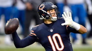 Mitchell Trubisky prepares to throw a pass during warmups against the Detroit Lions at Soldier Field