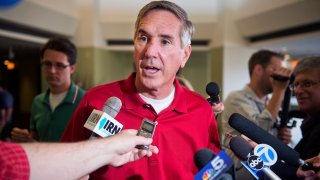 Tim Schneider, Illinois Republican Party Chairman, is interviewed during the Illinois Republican State Central Committee Breakfast in Springfield, Ill.,