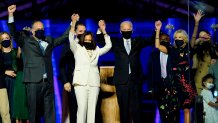 Douglas Emhoff, Vice President-elect Kamala Harris, President-elect Joe Biden and Dr.Jill Biden salute the crowd in Wilmington, Delaware, on Nov. 7, 2020, after Biden and Harris was declared the winners of the presidential election.