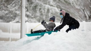 Maito Tomita, 6, about to sled down a hill in Olmstead Park in Brookline on December 17, 2020.