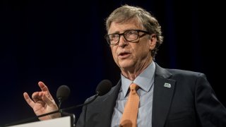 Bill Gates delivers a speech at the fundraising day at the Sixth World Fund Conference in Lyon, France, on October 10, 2019.