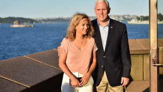 U.S. Vice President Mike Pence (R) visits the Opera House with his daughter Charlotte on April 23, 2017 in Sydney, Australia. Pence is visiting Australia on a three-day official tour during which he is holding talks with high officials on bilateral and international issues.
