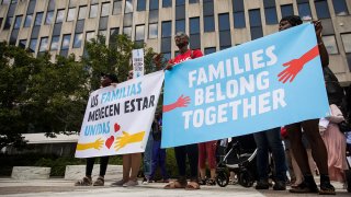 FILE - Activists, including childcare providers, parents and their children, protest against the Trump administration's family detention and separation policies for migrants along the southern border, near the New York offices of U.S. Immigration and Customs Enforcement (ICE), July 18, 2018, in New York City.