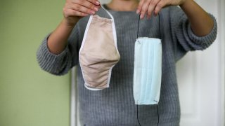 Disposable medical protective mask and reusable cotton protective mask flat lay. Masks for covid-19 prevention. Symbol of pandemic and lockdown.