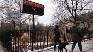 Residents walk dogs outside of Pritzker Elementary School