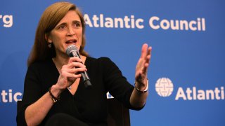 In this Jan. 17, 2017, file photo, U.S. Permanent Representative to the United Nations Samantha Power speaks during a discussion at the Atlantic Council on "The Future of U.S.-Russia Relations" in Washington, D.C.