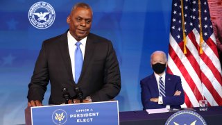 U.S. Army (retired) General Lloyd Austin (L) speaks after being formally nominated to be Secretary of the Department of Defense by U.S. President-elect Joe Biden (at the Queen Theatre on December 09, 2020 in Wilmington, Delaware. The only African-American to have headed U.S. Central Command, Lloyd Austin, 67, is a four-star general who was in charge of American forces in Iraq from 2010 to late 2011.