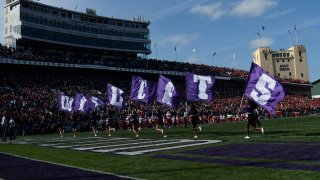 Northwestern Wildcat cheerleaders during the second half on October 13, 2018 at Ryan Field in Evanston, Illinois.