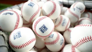 ARLINGTON, TX - OCTOBER 19: Detail view of baseballs during World Series Media Day ahead of the 2020 World Series between the Los Angeles Dodgers and Tampa Bay Rays at Globe Life Field on Monday, October 19, 2020 in Arlington, Texas.