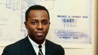 Former Gary, Indiana mayor Richard Hatcher is shown in front of a map of the city's precincts during the 1968 election