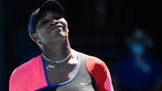 United States' Serena Williams reacts during her semifinal against Japan's Naomi Osaka at the Australian Open tennis championship in Melbourne, Australia, Thursday, Feb. 18, 2021.