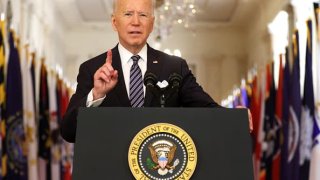 President Joe Biden speaks on the anniversary of the start of the Covid-19 pandemic, in the East Room of the White House in Washington, DC on March 11, 2021.