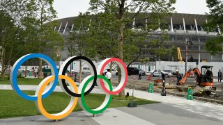 In this file photo, a general view of the new National Stadium prior to a media tour of Tokyo 2020 Olympic venues on July 03, 2019 in Tokyo, Japan.