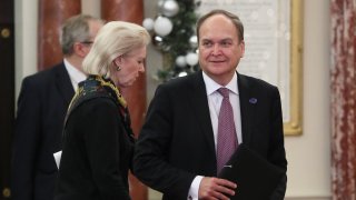 Russia's Ambassador to the United States Anatoly Antonov after a bilateral meeting between Russia's Foreign Minister Sergei Lavrov and US Secretary of State Mike Pompeo, at the United States Department of State.