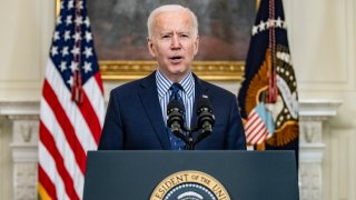 WASHINGTON, DC - MARCH 06: President Joe Biden speaks from the State Dining Room following the passage of the American Rescue Plan in the U.S. Senate at the White House on March 6, 2021 in Washington, DC. The Senate passed the latest COVID-19 relief bill by 50 to 49 on a party-line vote, after an all-night session.