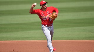 JUPITER, FLORIDA - MARCH 02: Nolan Arenado #28 of the St. Louis Cardinals in action against the Miami Marlins in a spring training game at Roger Dean Chevrolet Stadium on March 02, 2021 in Jupiter, Florida.