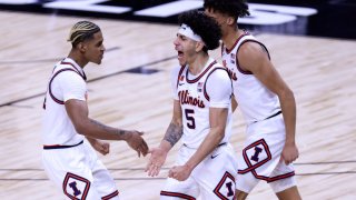 INDIANAPOLIS, INDIANA – MARCH 13: Andre Curbelo #5 of the Illinois Fighting Illini celebrates after a dunk in the game against the Iowa Hawkeyes during the first half of the Big Ten men’s basketball tournament semifinals at Lucas Oil Stadium on March 13, 2021 in Indianapolis, Indiana. (Photo by Justin Casterline/Getty Images)