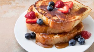French toast with strawberries and blueberries.