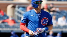 PEORIA, ARIZONA - MARCH 01: Joc Pederson #24 of the Chicago Cubs makes his way to first base against the San Diego Padres during the MLB spring training game at Peoria Sports Complex on March 01, 2021 in Peoria, Arizona. (Photo by Steph Chambers/Getty Images)