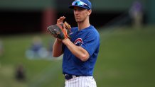 MESA, AZ - MARCH 12:  Matt Duffy #5 of the Chicago Cubs looks on during the game against the Milwaukee Brewers at Sloan Park on March 12, 2021 in Mesa, Arizona. The Brewers defeated the Cubs 8-3. (Photo by Rob Leiter/MLB Photos via Getty Images)