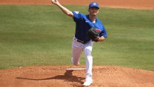 MESA, ARIZONA - MARCH 29: Zach Davies #27 of the Chicago Cubs pitches in the first inning against the Arizona Diamondbacks during the MLB spring training game at Sloan Park on March 29, 2021 in Mesa, Arizona. (Photo by Abbie Parr/Getty Images)