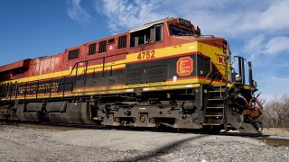 A Kansas City Southern (KSC) Railway locomotive passes through Knoche Yard in Kansas City, Missouri, on Tuesday, Jan. 7, 2020.