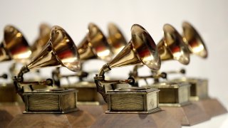 various Grammy Awards are displayed at the Grammy Museum Experience
