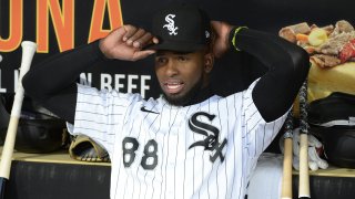 Luis Robert #88 of the Chicago White Sox looks on prior to the game against the Texas Rangers on April 23, 2021 at Guaranteed Rate Field in Chicago, Illinois.