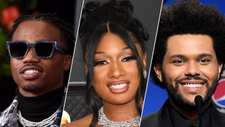 From left: Roddy Ricch, Megan Thee Stallion and The Weeknd