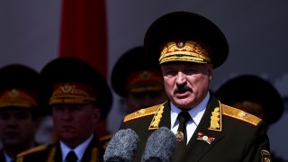 In this May 9, 2020, file photo, Belarusian President Alexander Lukashenko gives a speech during a military parade that marked the 75th anniversary of the allied victory over Nazi Germany, in Minsk, Belarus. When Lukashenko became president in 1994, Belarus was an obscure country that had not even existed for three years. Over the next quarter-century, he brought it to the world's notice via dramatic repression, erratic behavior and colorful threats.