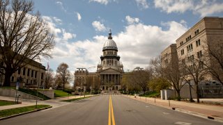SPRINGFIELD, IL – APRIL 9:
The Illinois State Capitol building stands among empty streets in Springfield, Illinois on April 9, 2020.
(Photo by Daniel Acker for The Washington Post via Getty Images)
