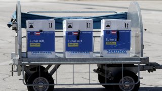 Photo taken on May 4, 2021 shows boxes of COVID-19 vaccines from the European Union arriving at the International Airport in Sarajevo, Bosnia and Herzegovina. A batch of 10,530 doses of the Pfizer-BioNTech COVID-19 vaccine sent by the European Union arrived in Sarajevo on Tuesday.