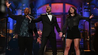 "Keegan-Michael Key" Episode 1804 -- Pictured: (l-r) Kenan Thompson, host Keegan-Michael Key, and Cecily Strong during the Monologue on Saturday, May 15, 2021.