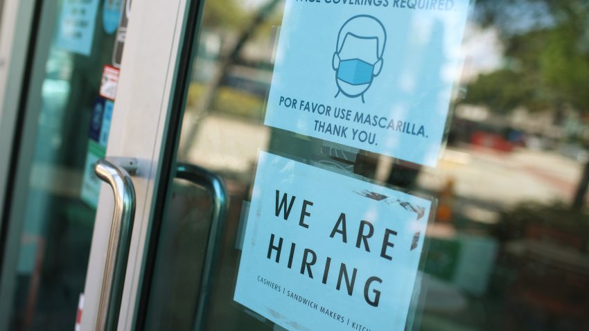 MIAMI, FLORIDA – MARCH 05: A ‘we are hiring’ sign in front of a store on March 05, 2021 in Miami, Florida. The restaurant is looking to hire more workers as the U.S. unemployment rate drops to 6.2 percent, as many restaurants and bars reopen. Officials credit the job growth to declining new COVID-19 cases and broadening vaccine immunization that has helped more businesses reopen with greater capacity. (Photo by Joe Raedle/Getty Images)