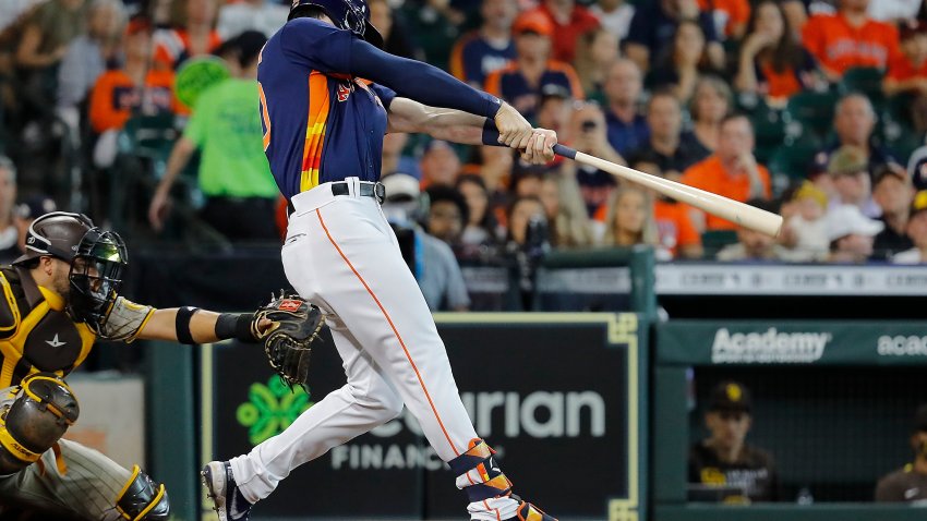 HOUSTON, TEXAS – MAY 30: Kyle Tucker #30 of the Houston Astros hits a three run home run in the first inning against the San Diego Padres at Minute Maid Park on May 30, 2021 in Houston, Texas. (Photo by Bob Levey/Getty Images)