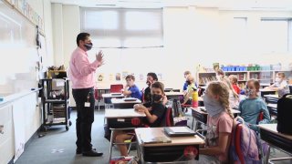 A teacher on the left stands in front of a class of young students. They are wearing face masks.